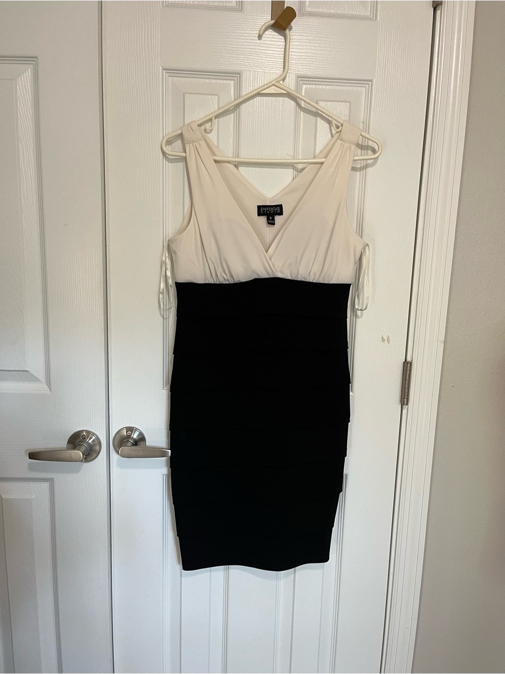 Enfocus Studio Cream and Black V-Neck Two-Tone Midi Dress